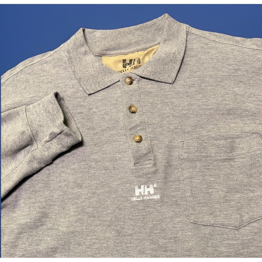 HELLY HANSEN Mens Long Sleeve Button Neck Polo Shirt Medium Gray Cotton